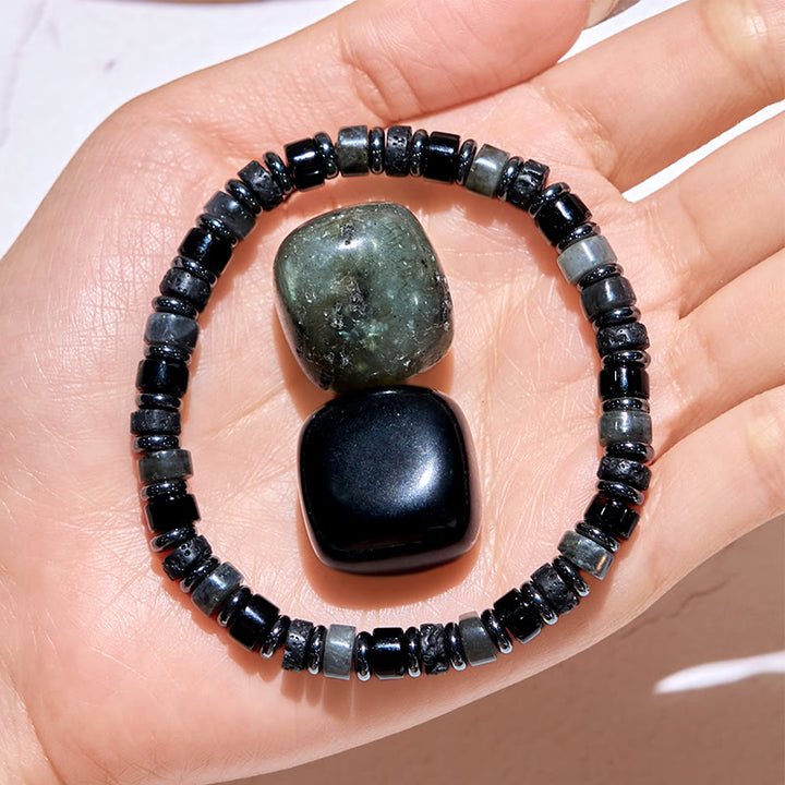 Pulsera de cuentas de lava, hematita y labradorita de Olivenorma
