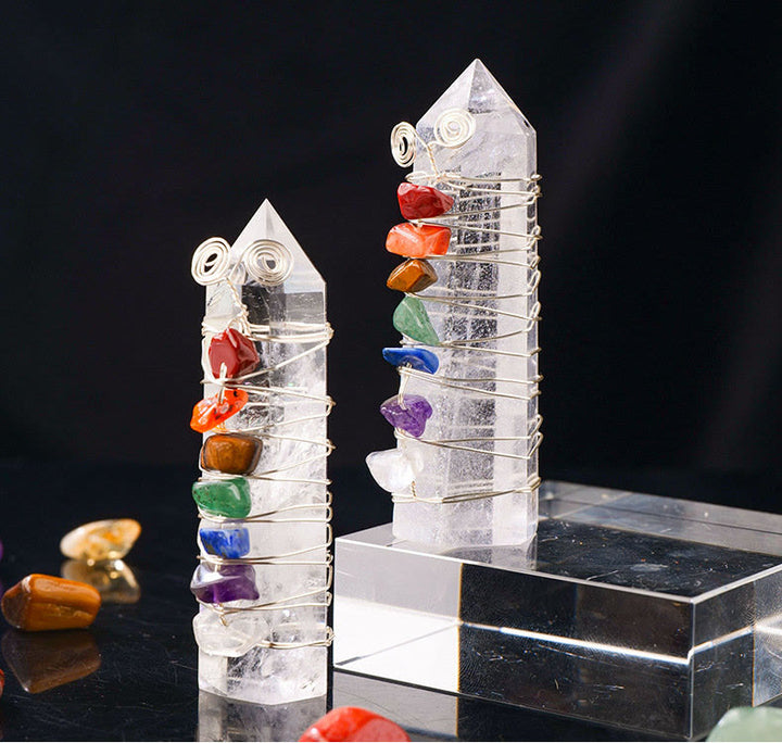 Torre de cristal de los siete chakras de Olivenorma con punta envuelta en alambre
