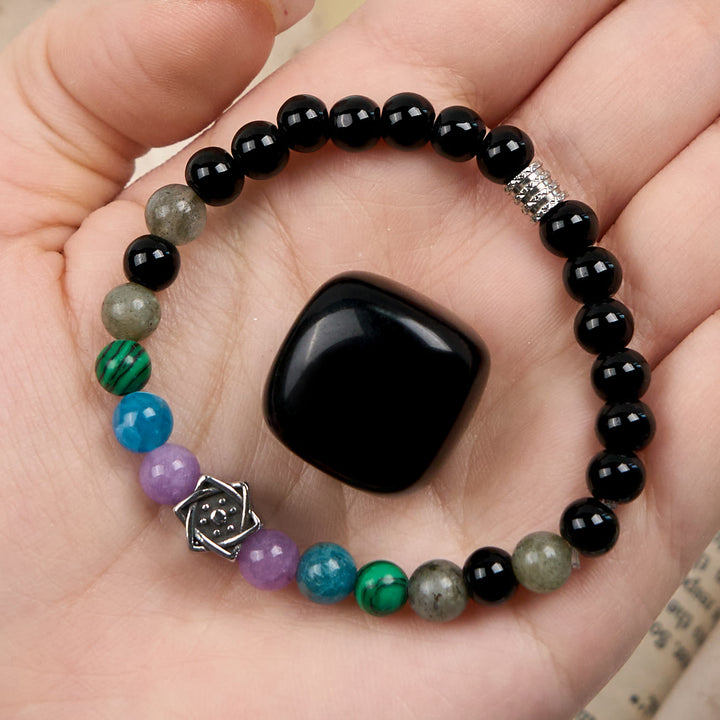 Pulsera de cuentas de cubo de Metatrón de obsidiana natural de Olivenorma