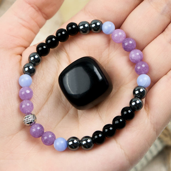 Pulsera de cuentas de obsidiana, hematita y amatista natural de Olivenorma