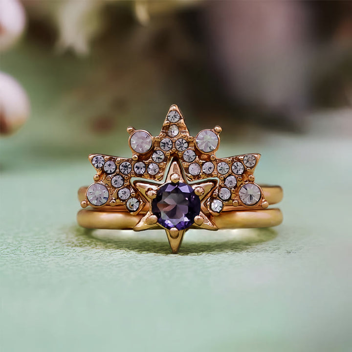 Anillo de estrella de circonita blanca y amatista de 2 piezas de Olivenorma