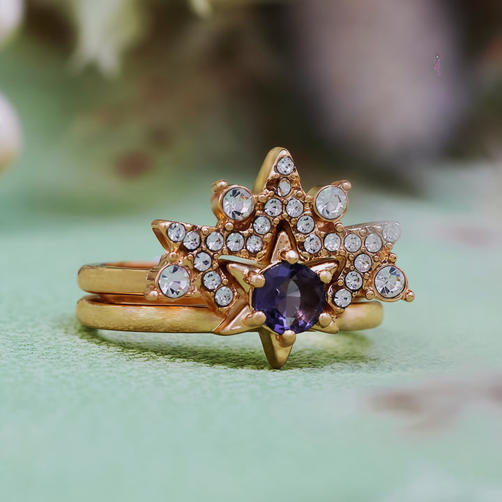 Anillo de estrella de circonita blanca y amatista de 2 piezas de Olivenorma