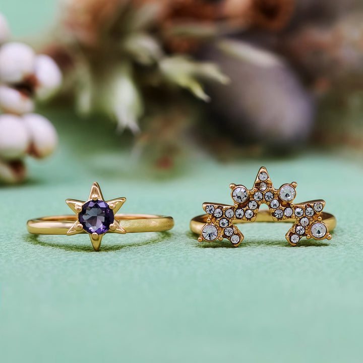 Anillo de estrella de circonita blanca y amatista de 2 piezas de Olivenorma