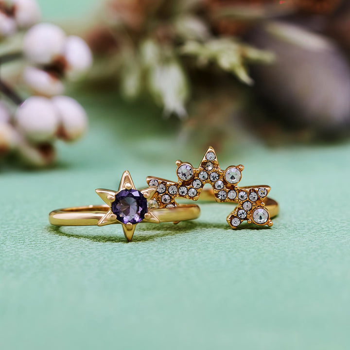 Anillo de estrella de circonita blanca y amatista de 2 piezas de Olivenorma