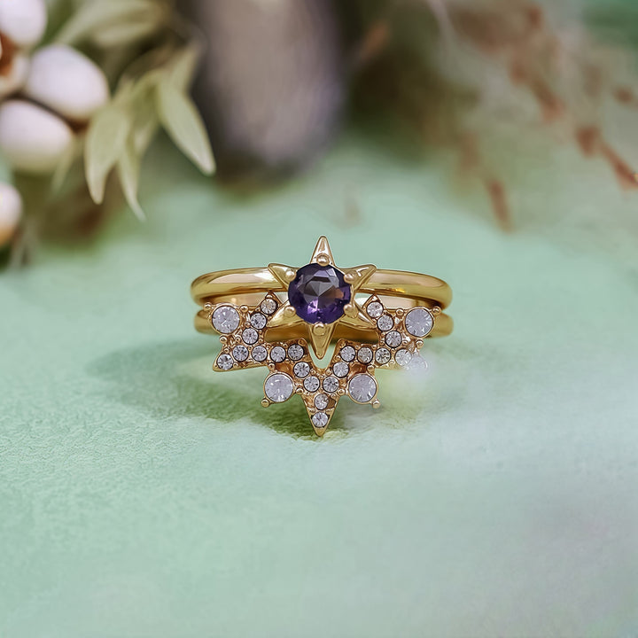 Anillo de estrella de circonita blanca y amatista de 2 piezas de Olivenorma