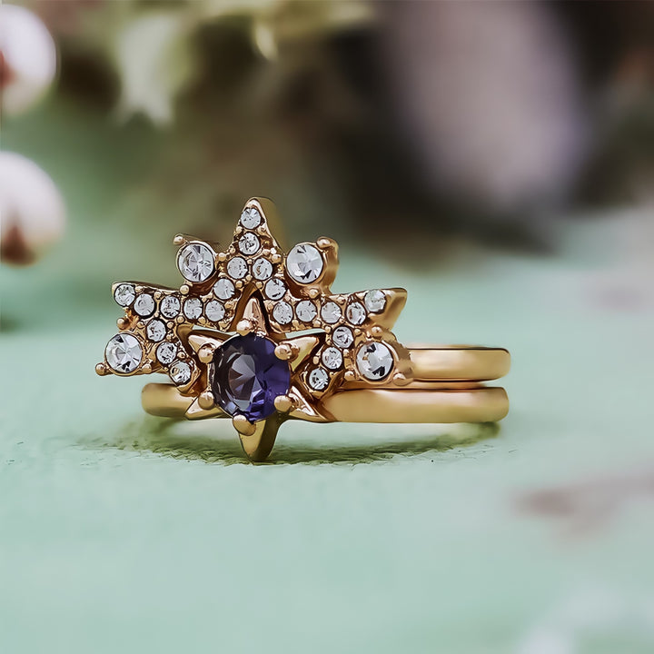 Anillo de estrella de circonita blanca y amatista de 2 piezas de Olivenorma