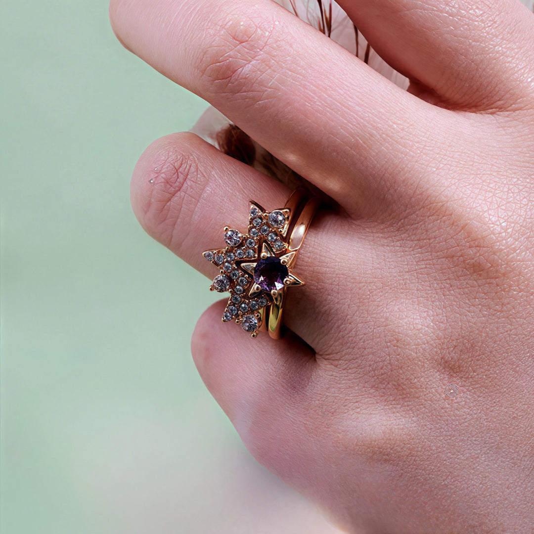 Anillo de estrella de circonita blanca y amatista de 2 piezas de Olivenorma