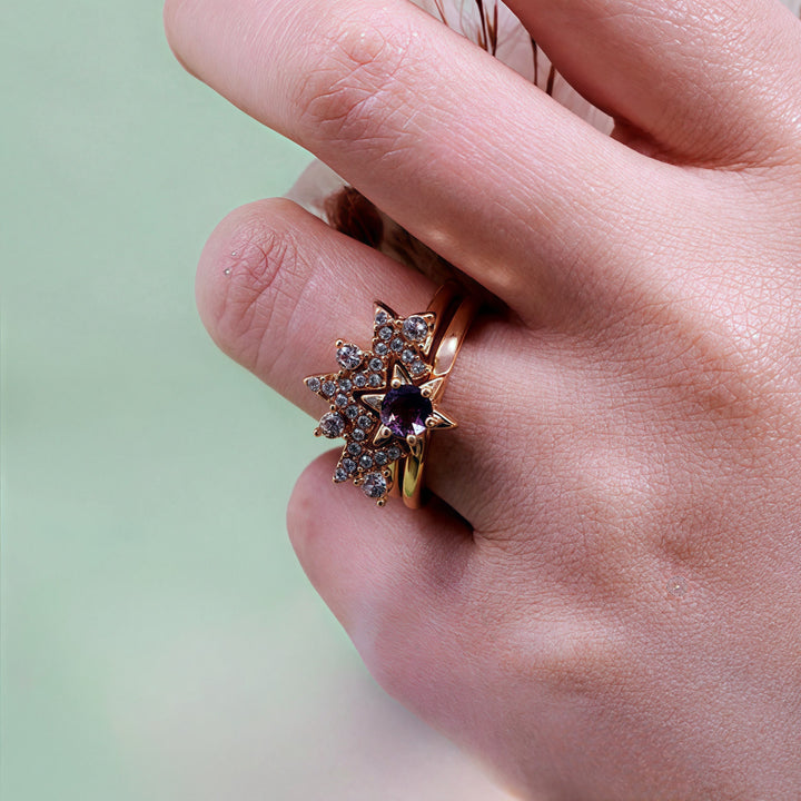 Anillo de estrella de circonita blanca y amatista de 2 piezas de Olivenorma