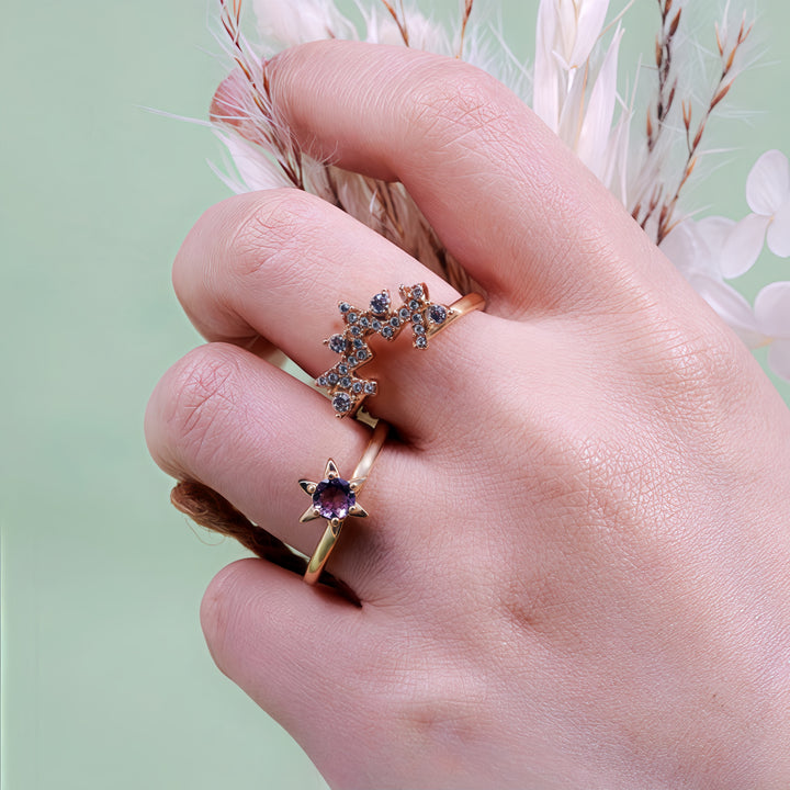 Anillo de estrella de circonita blanca y amatista de 2 piezas de Olivenorma