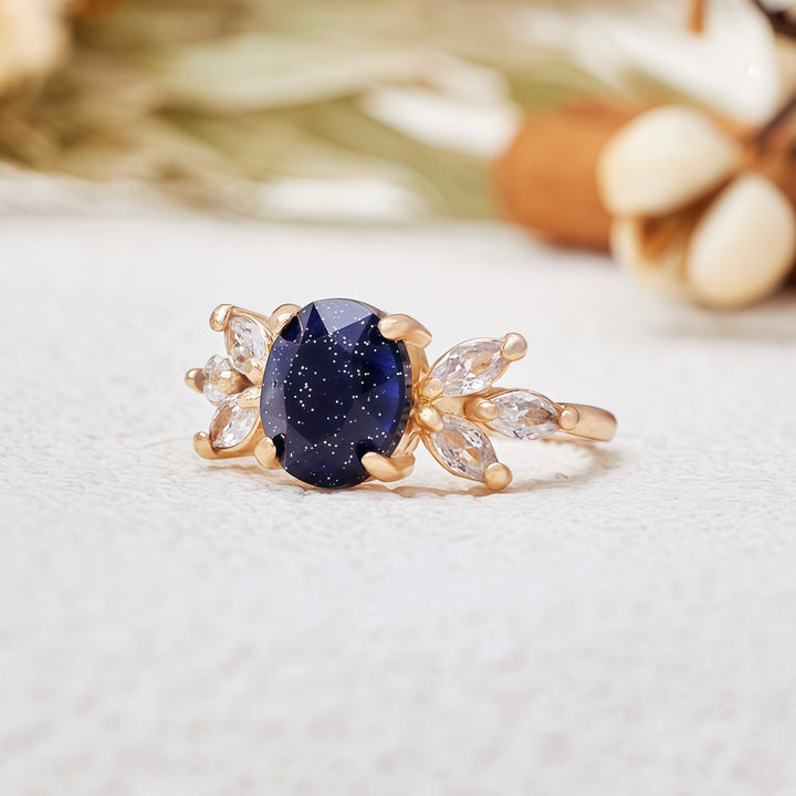 Anillo de hoja de circón de piedra arenisca azul de talla ovalada de Olivenorma