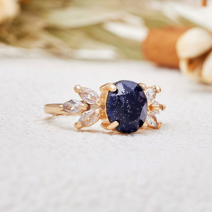 Anillo de hoja de circón de piedra arenisca azul de talla ovalada de Olivenorma