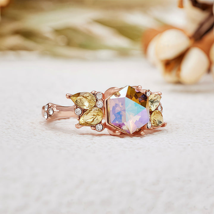 Anillo de peridoto alejandrita con corte hexagonal de Olivenorma