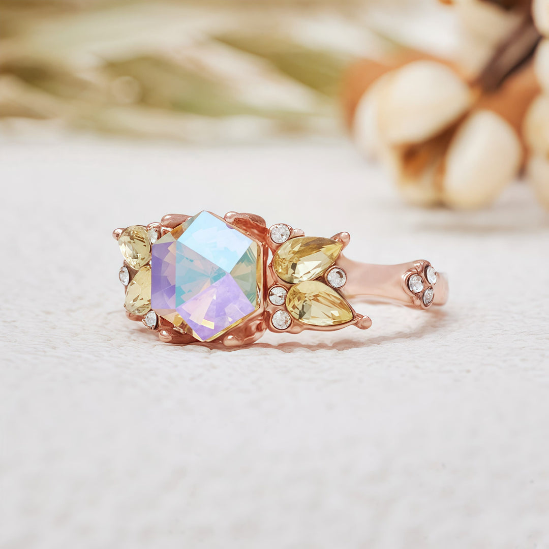 Anillo de peridoto alejandrita con corte hexagonal de Olivenorma