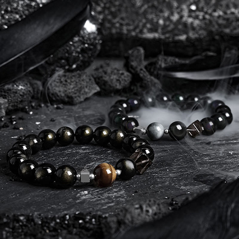 Pulsera de cuentas de obsidiana con sol intenso y luna oscura de Olivenorma