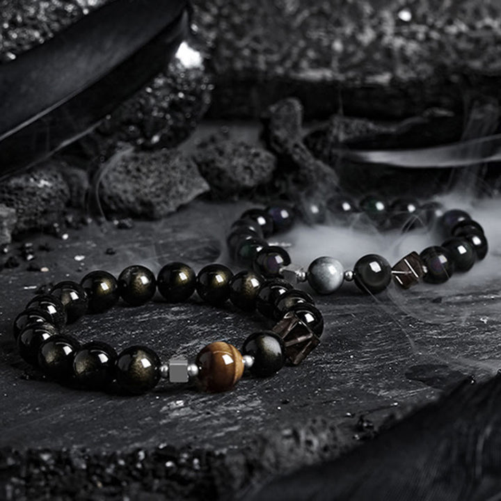 Pulsera de cuentas de obsidiana con sol intenso y luna oscura de Olivenorma