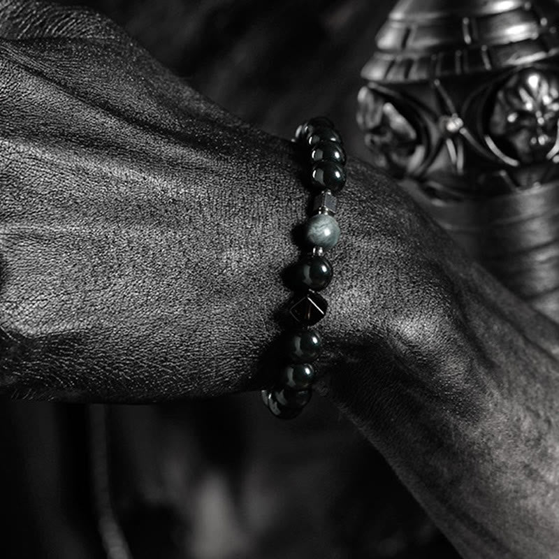 Pulsera de cuentas de obsidiana con sol intenso y luna oscura de Olivenorma