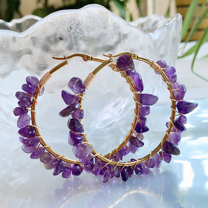 Pendientes de aro grandes de cristal de piedra natural estilo bohemio de Olivenorma