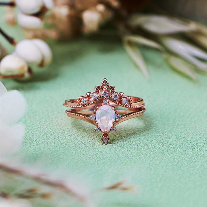 Anillo Olivenorma de 2 piezas con corona de diamantes simulados de opalita