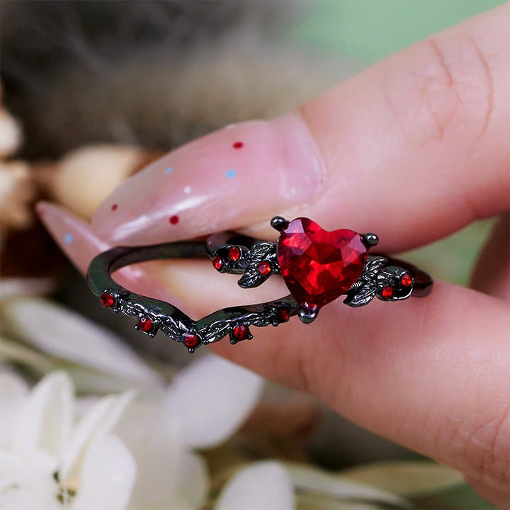 Juego de 2 anillos de cuarzo negro y rubí con forma de corazón de Olivenorma