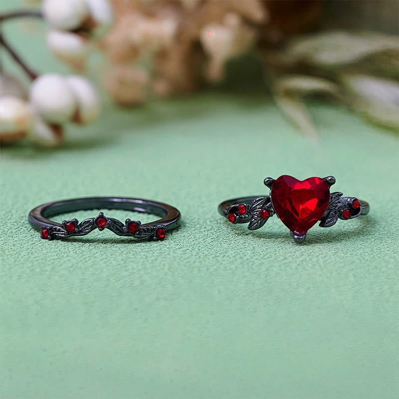 Juego de 2 anillos de cuarzo negro y rubí con forma de corazón de Olivenorma