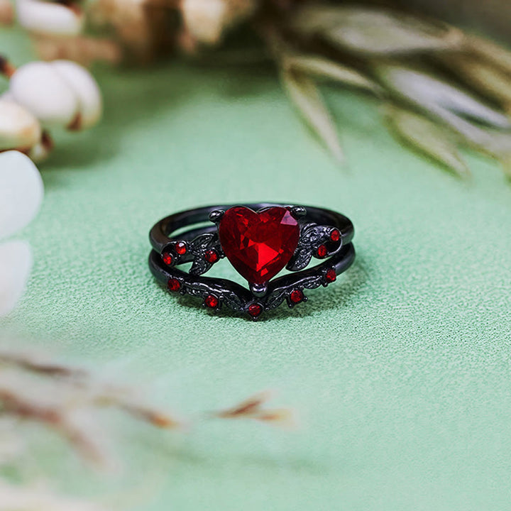 Juego de 2 anillos de cuarzo negro y rubí con forma de corazón de Olivenorma