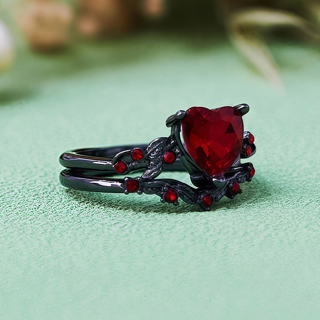 Juego de 2 anillos de cuarzo negro y rubí con forma de corazón de Olivenorma