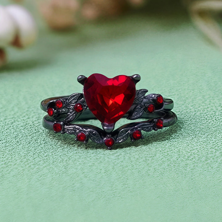 Juego de 2 anillos de cuarzo negro y rubí con forma de corazón de Olivenorma