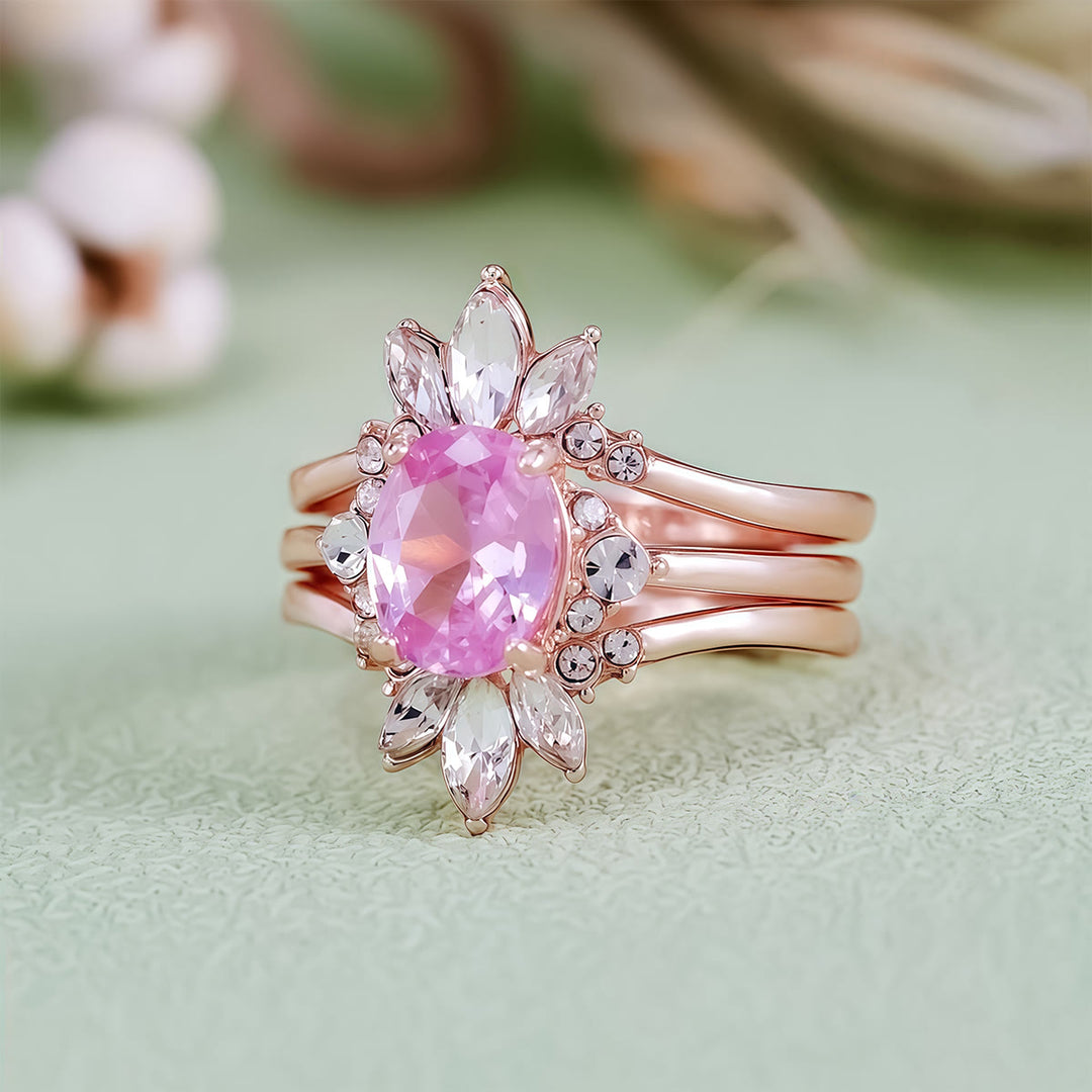 Juego de 3 anillos Olivenorma de turmalina rosa y moissanita