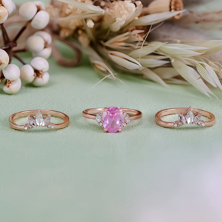 Juego de 3 anillos Olivenorma de turmalina rosa y moissanita