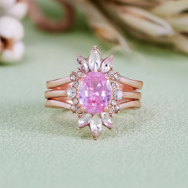 Juego de 3 anillos Olivenorma de turmalina rosa y moissanita