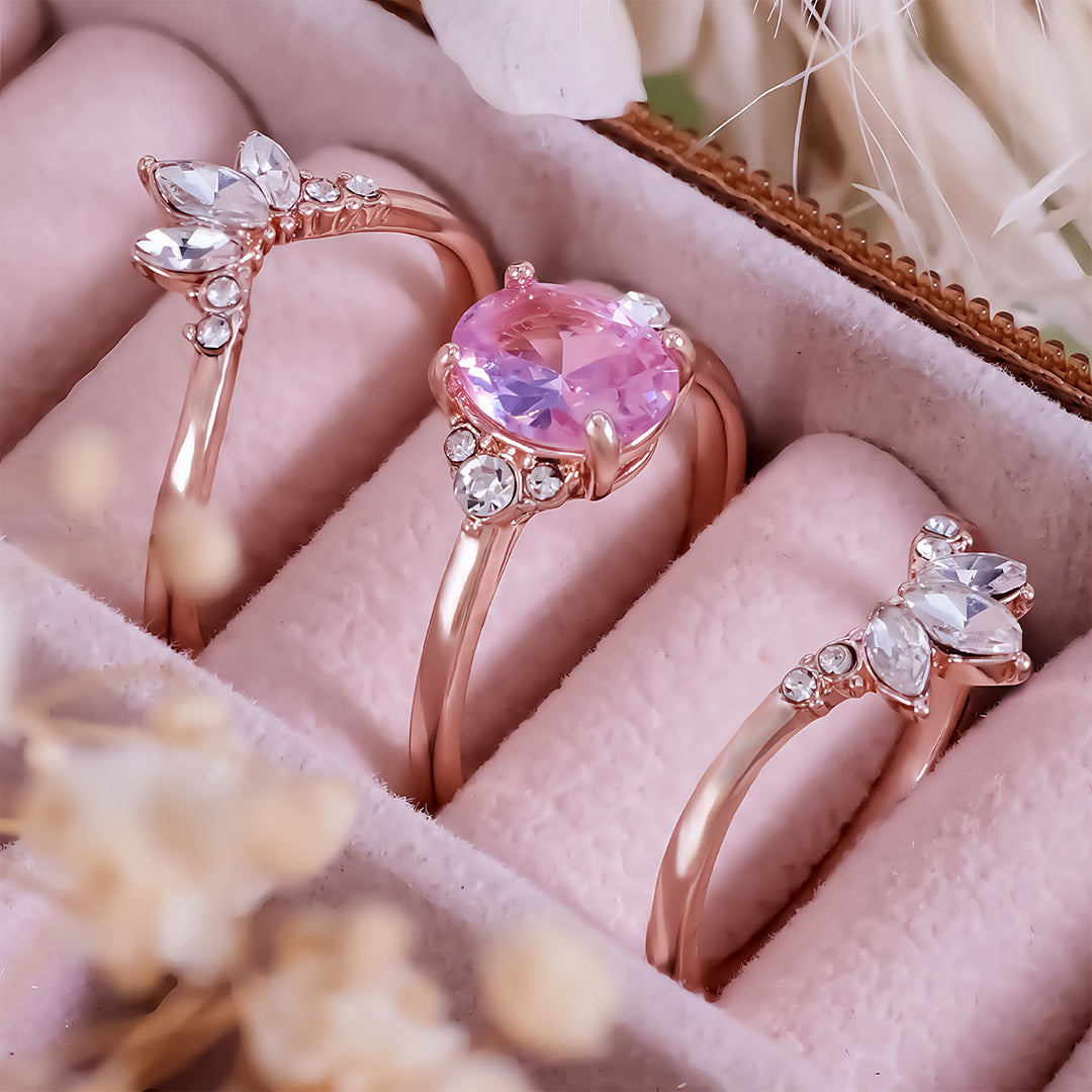 Juego de 3 anillos Olivenorma de turmalina rosa y moissanita