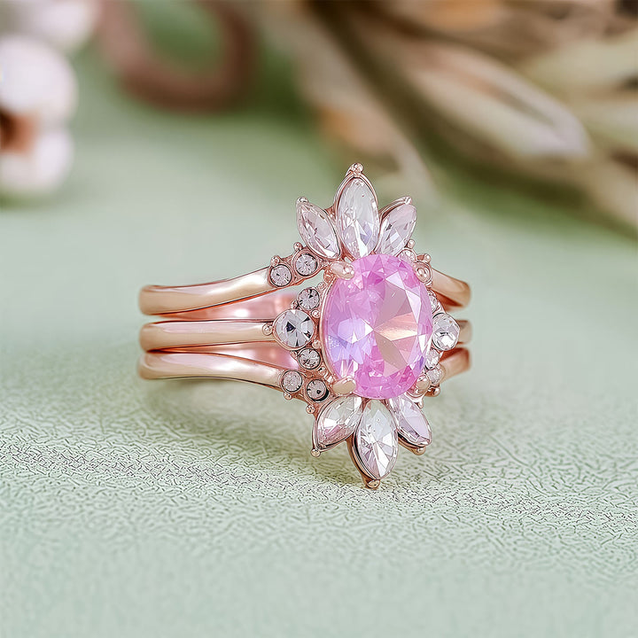Juego de 3 anillos Olivenorma de turmalina rosa y moissanita