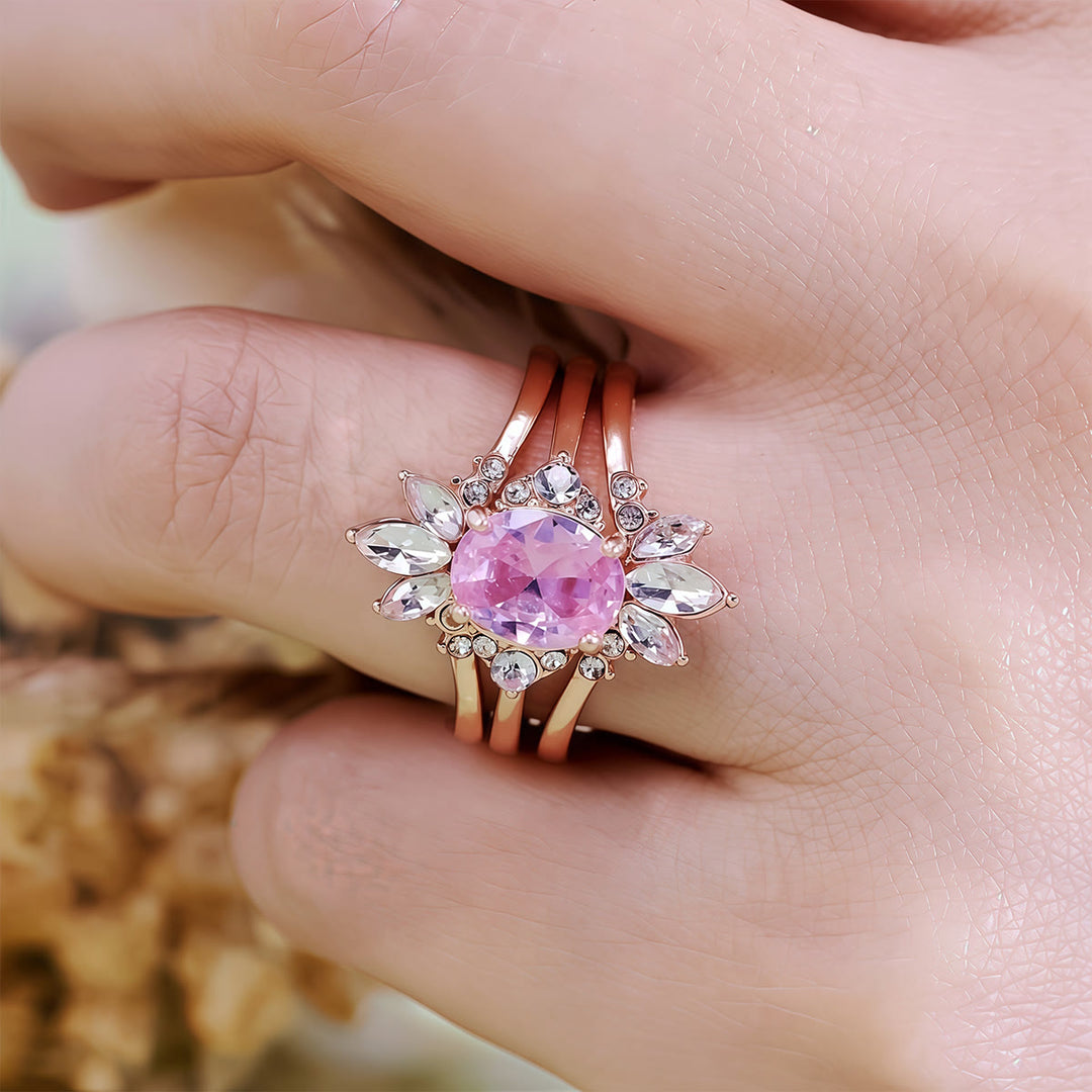 Juego de 3 anillos Olivenorma de turmalina rosa y moissanita