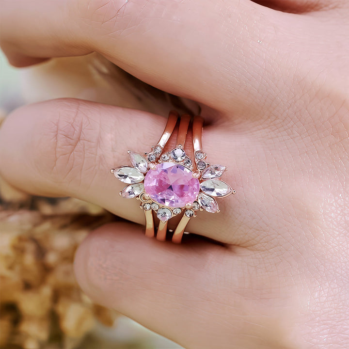Juego de 3 anillos Olivenorma de turmalina rosa y moissanita