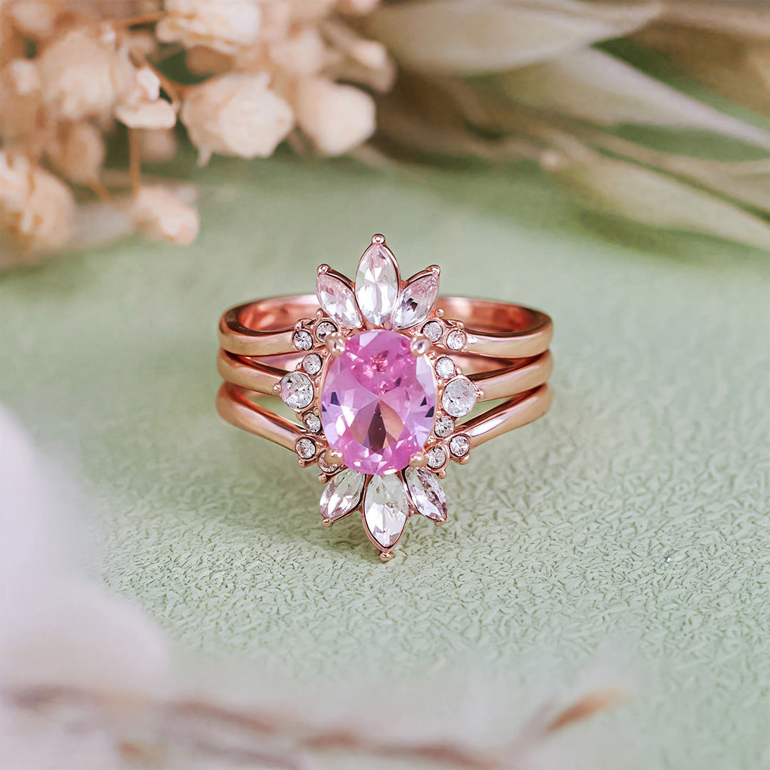 Juego de 3 anillos Olivenorma de turmalina rosa y moissanita