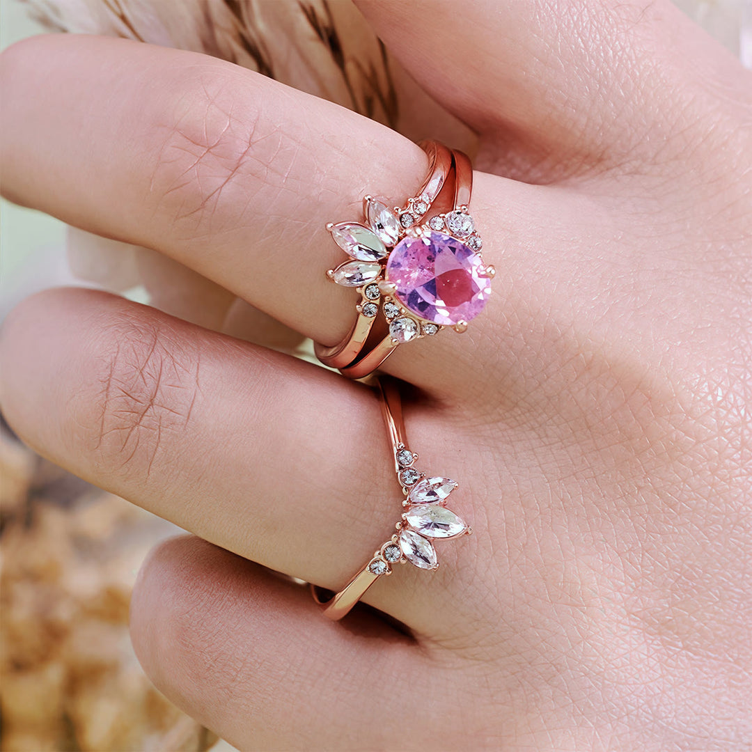 Juego de 3 anillos Olivenorma de turmalina rosa y moissanita
