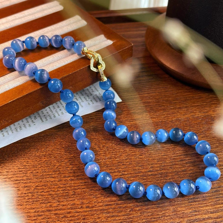 Collar de cuentas de piedra ojo de gato azul Olivenorma