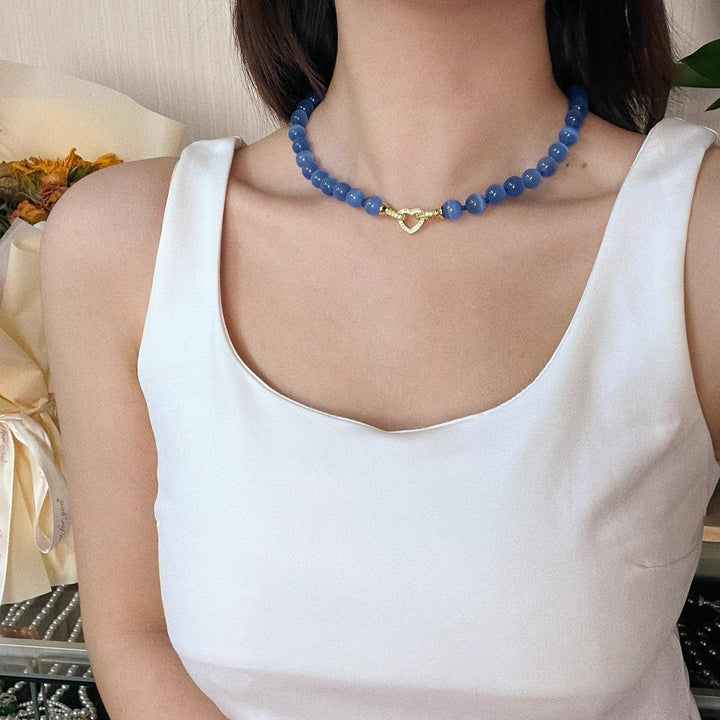 Collar de cuentas de piedra ojo de gato azul Olivenorma