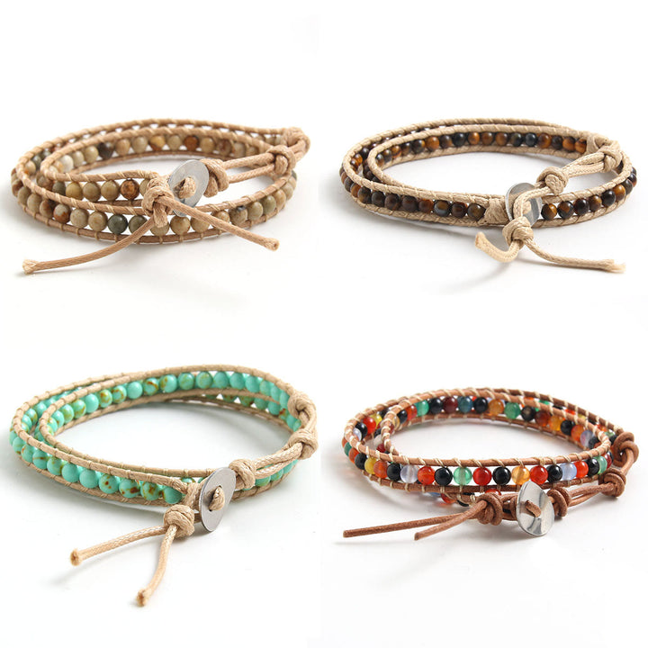 Pulsera trenzada de cuero con cuentas de piedra natural Olivenorma