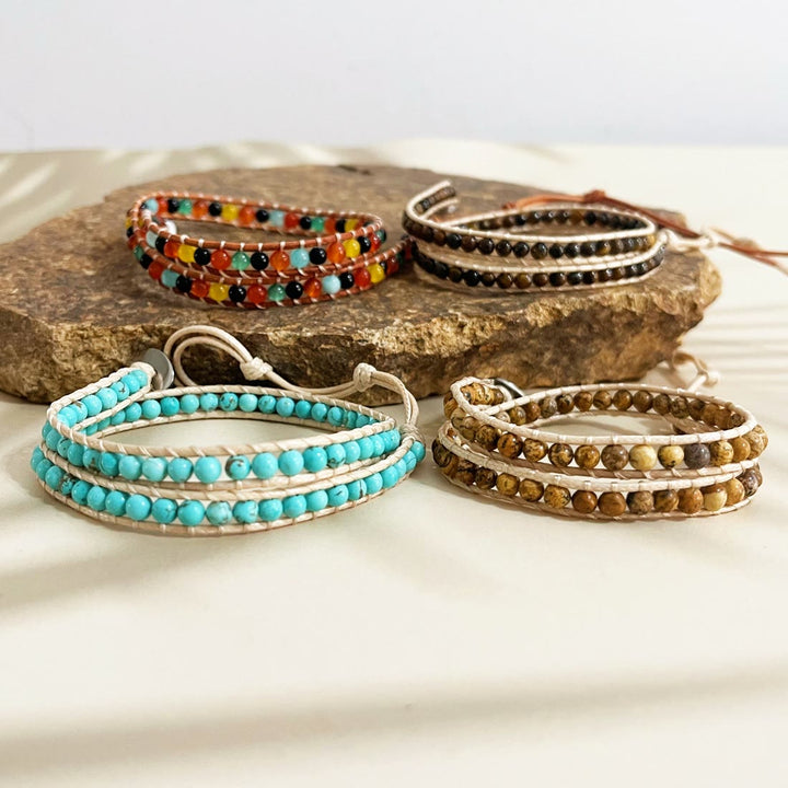 Pulsera trenzada de cuero con cuentas de piedra natural Olivenorma