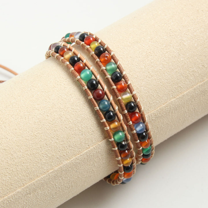 Pulsera trenzada de cuero con cuentas de piedra natural Olivenorma