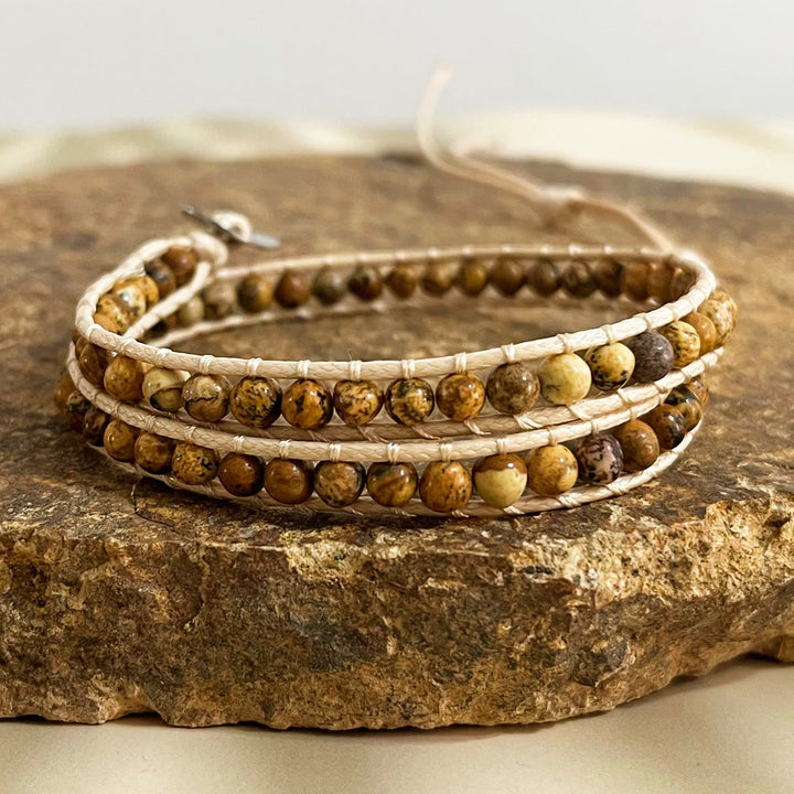 Pulsera trenzada de cuero con cuentas de piedra natural Olivenorma
