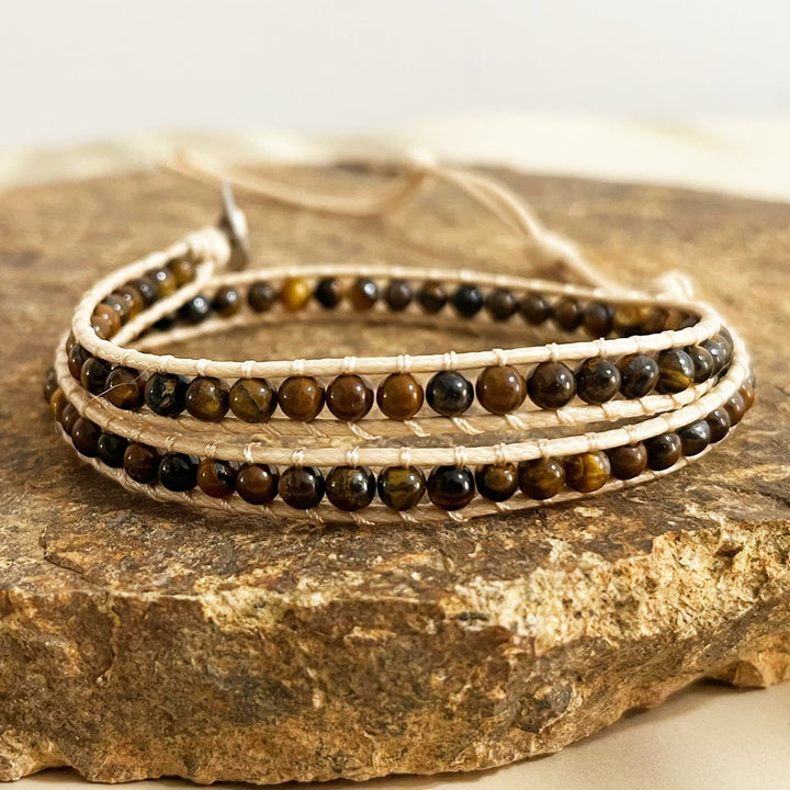 Pulsera trenzada de cuero con cuentas de piedra natural Olivenorma