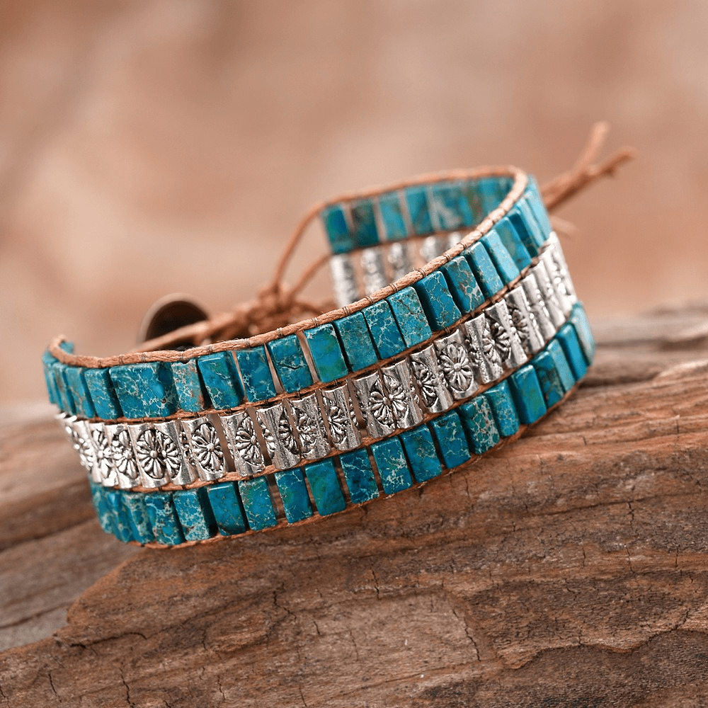 Pulsera ancha bohemia con cuentas de piedra del emperador Olivenorma