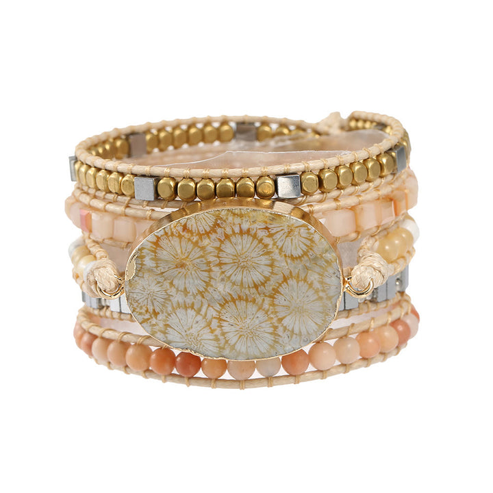 Pulsera trenzada de coral, jade y piedra solar de Olivenorma