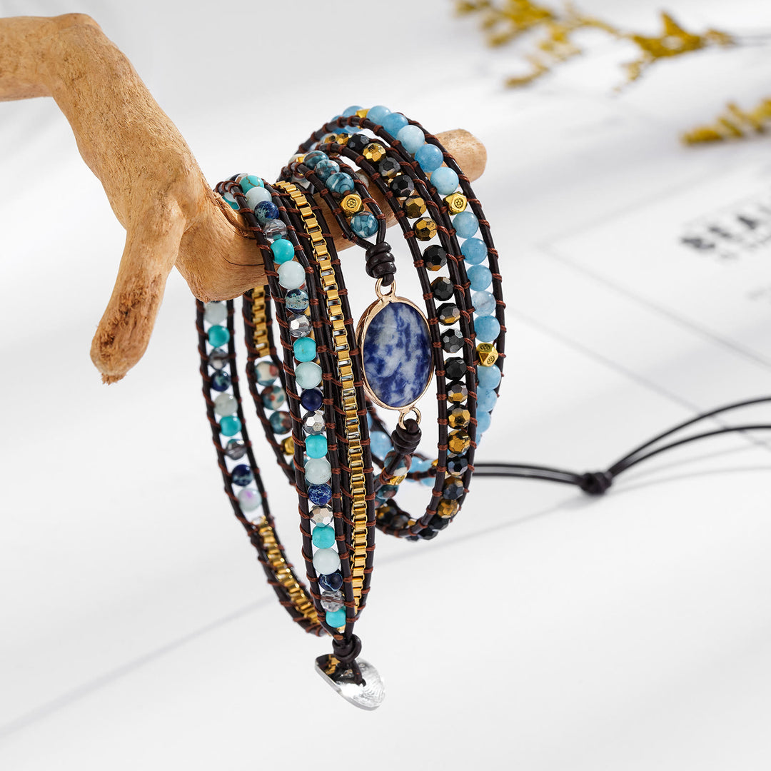 Pulsera trenzada multivuelta de sodalita azul aguamarina Olivenorma
