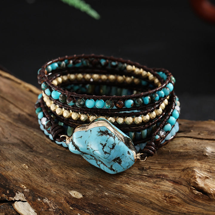 Pulsera trenzada de múltiples vueltas con turquesa y aguamarina irregulares de Olivenorma
