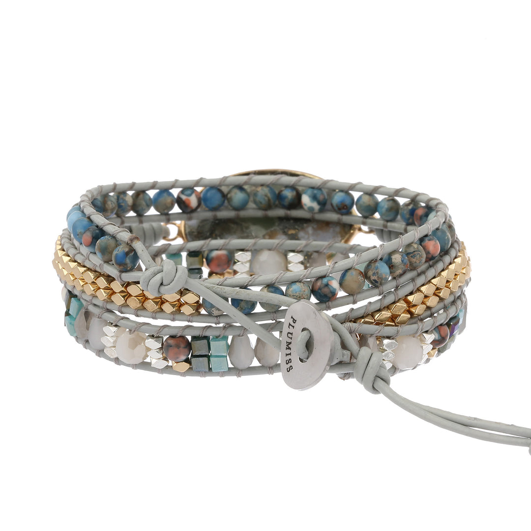 Pulsera trenzada multivuelta de calcedonia azul y jaspe oceánico de Olivenorma