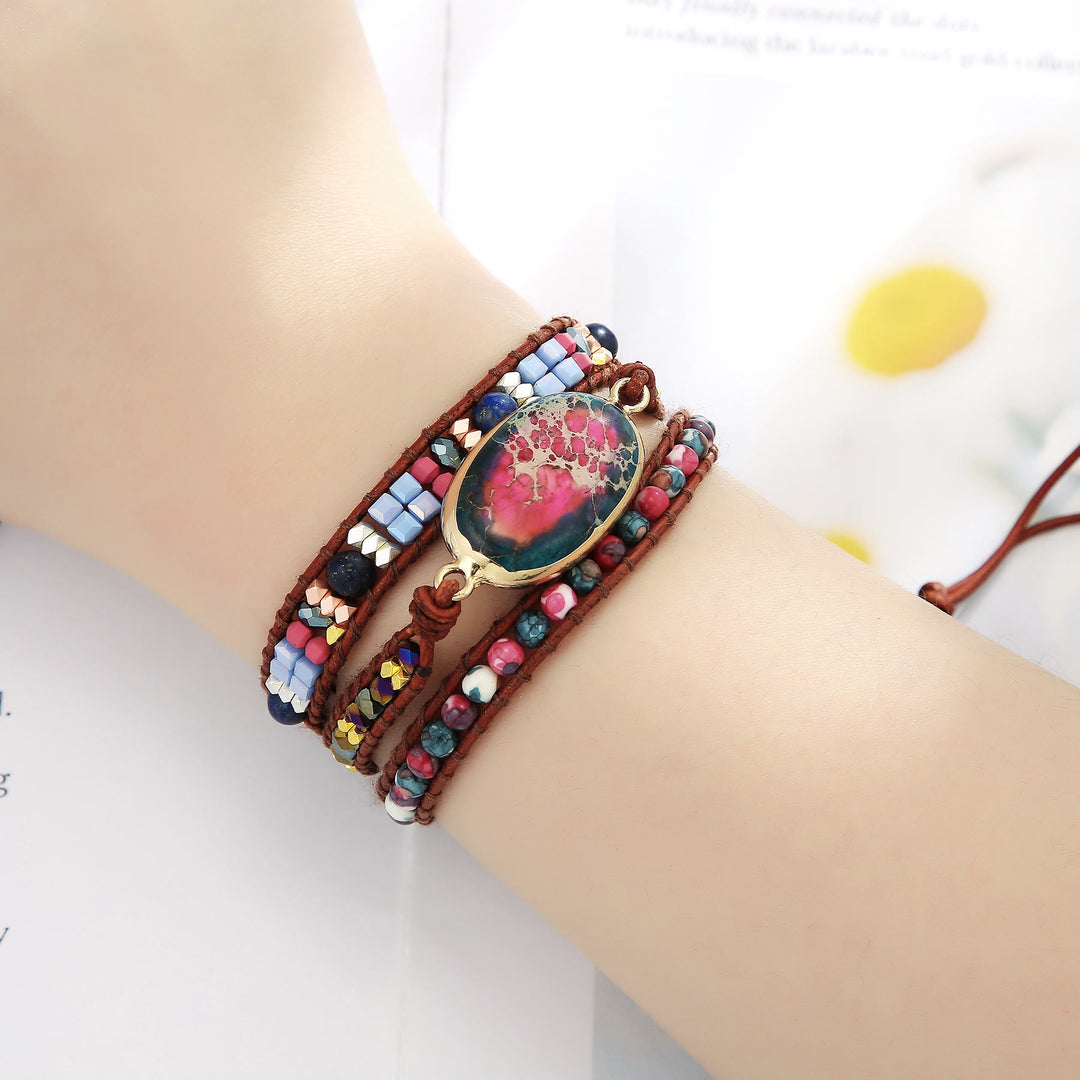 Pulsera trenzada con piedra emperador azul y roja de Olivenorma
