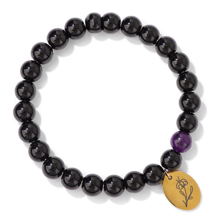 Pulsera Olivenorma de metal con cuentas de obsidiana de 8 mm y flor de nacimiento